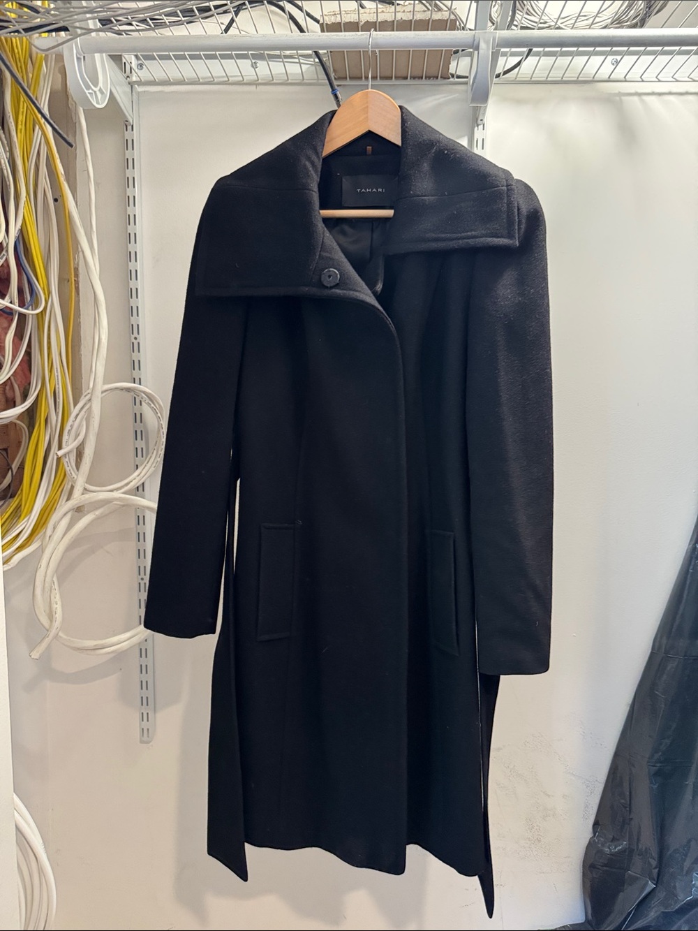 Tahari Black Wool-Blend Single-Breasted Long Trench Coat